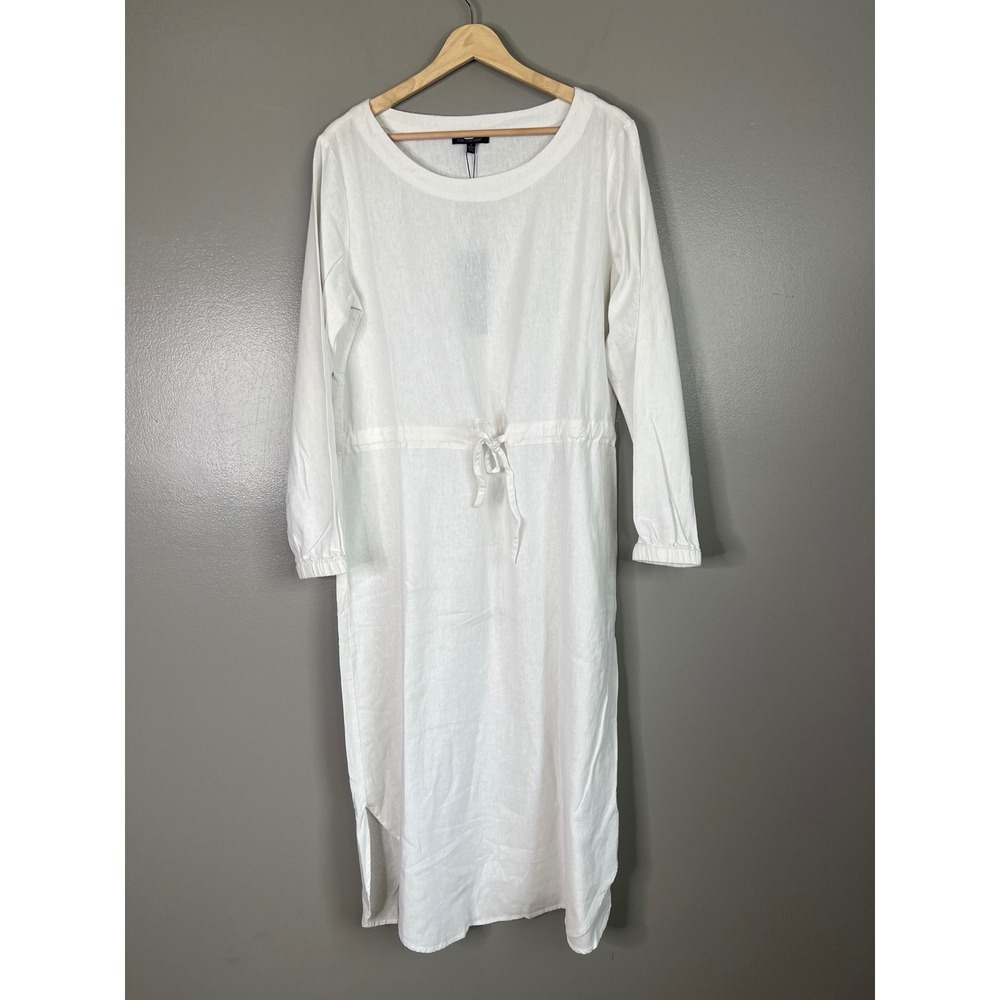 For Cynthia linen blend long sleeve white midi dress sheath coastal travel beach